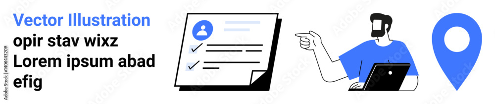Aufkleber task sheet with user profile and checkmarks, person pointing while using laptop, blue location marke