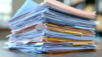 High stack of papers on a table.  Papers are various colors and sizes, some with notes