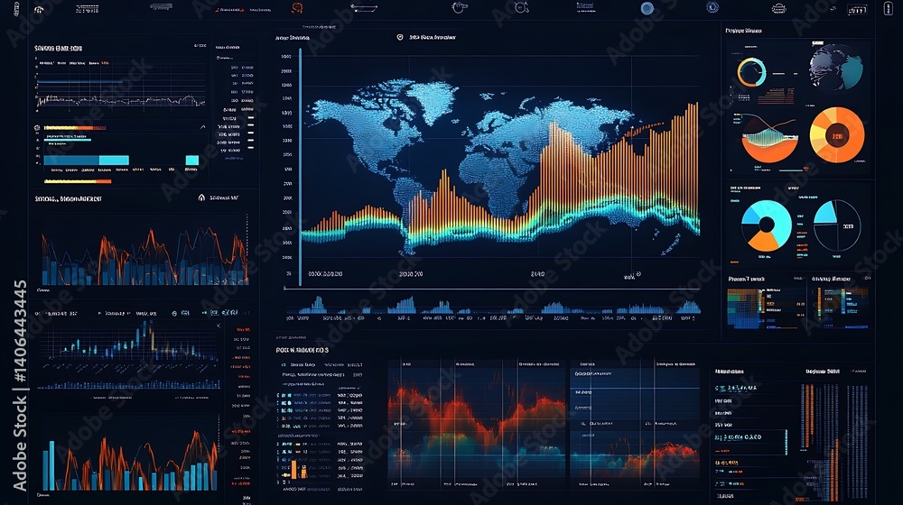 Wall mural data visualization dashboard displaying complex analytics, global map, and charts, in a modern dark 