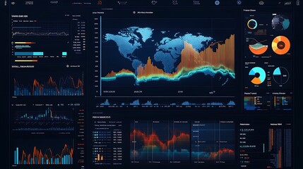 Data visualization dashboard displaying complex analytics, global map, and charts, in a modern dark mode interface for business intelligence.