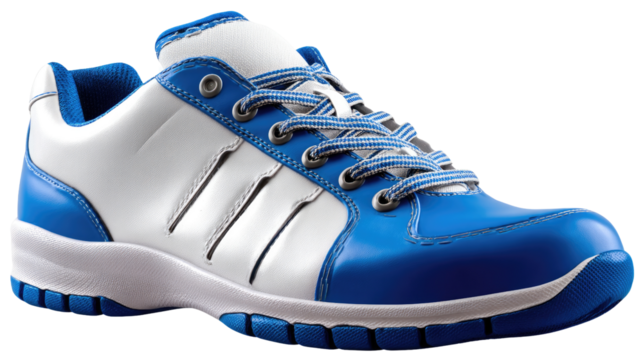 Vibrant Blue Shoe: A sleek, eye-catching shoe design, with a harmonious blend of blue and white hues. This sporty footwear exudes a dynamic vibe and stylish aesthetic. 
