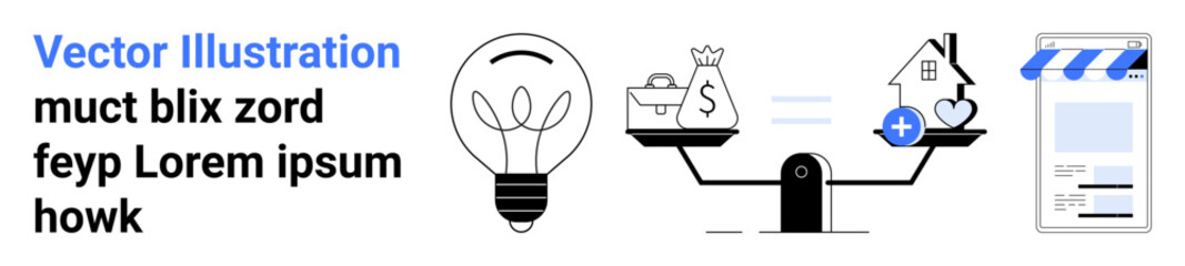 Scales with money bag and house, glowing light bulb, and digital storefront. Ideal for finance, innovation, real estate, budgeting, investment, entrepreneurship simple landing page