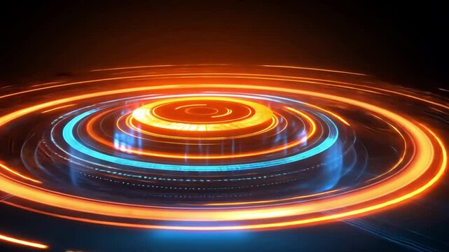Abstract Circular Energy Field: Glowing concentric circles of vibrant orange and blue energy pulse with futuristic dynamism.