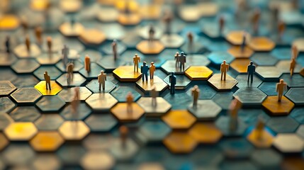A network of abstract humanoid figures are standing on golden and grey hexagon shapes. The figures face different directions and work alone.