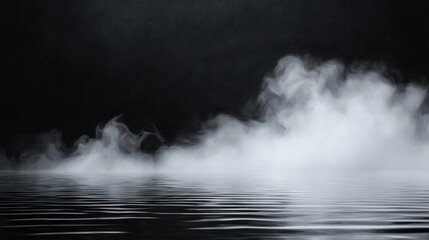 Naklejka premium A serene scene featuring rippling water beneath a wispy fog, set against a dark, moody backdrop.