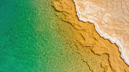 Obraz premium A stunning aerial view of a water body with vibrant green hues meeting a dry, cracked shoreline, showcasing nature's contrast between water and land.