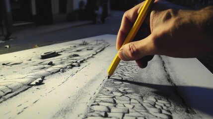 Urban landscape depicted with precision in a graphite sketch.