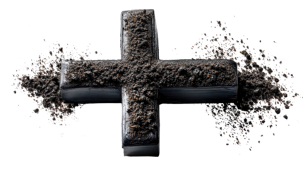 "Earthy Cross Symbol: A unique cross symbol crafted from dark material, meticulously adorned with textured earth, representing faith, and spirituality."