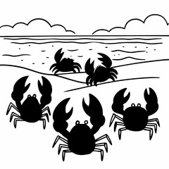 Naklejka premium Silhouettes of Crabs on a Sandy Beach near Ocean Waves