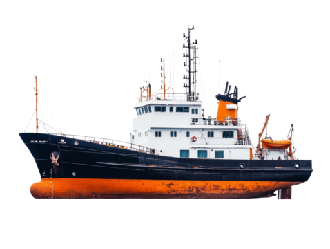 Fishing vessel action scene harbor cutout background marine environment side view maritime concept