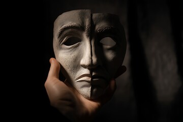 a smiling mask held in front of a sad face, behind the scenes of social media