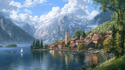 Idyllic Lakeside Village Scenery with Majestic Mountains and Serene Water
