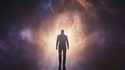 Fototapeta premium Silhouetted figure walks through a cosmic nebula.