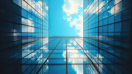 Modern glass buildings reflect sky, creating stunning urban view