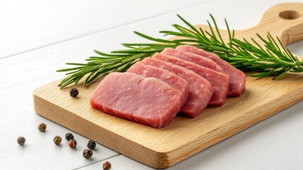 Fototapeta premium Sliced cooked meat on wooden board with rosemary garnish high quality food photography for culinary use