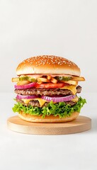 Double Burger on Wooden Board
