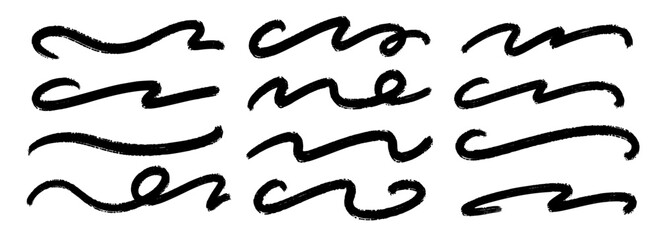 Black wave paint line set. Squiggle sketch brush stroke collection. Charcoal curved flourish pack for highlight, underline, emphasis. Rough swoosh stripe bundle. Hand drawn crayon chalk strips. Vector