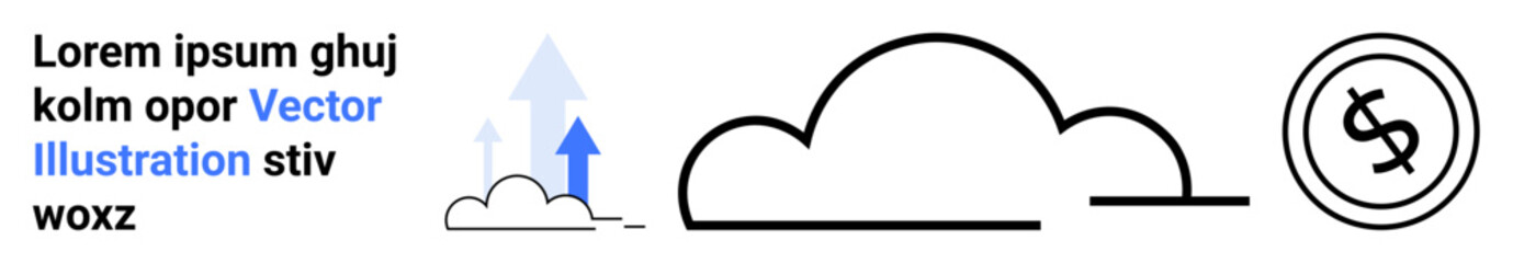 Clouds with upward arrows and a dollar sign coin emphasize growth, innovation, and financial prospects. Ideal for technology, finance, success, innovation, investment, cloud computing abstract line