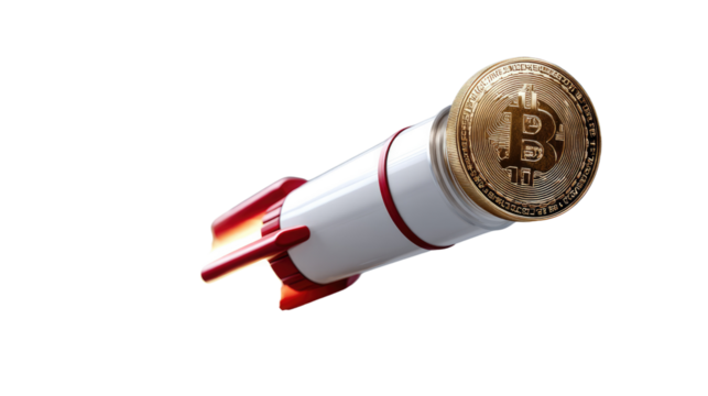 Bitcoin Rocket to the Moon: A visually compelling composition portrays a bitcoin coin soaring skyward aboard a stylized rocket. Evoking themes of financial growth, digital currency adoption.