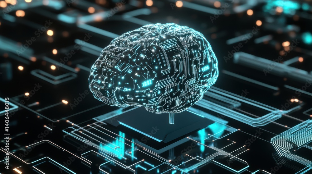 Poster a futuristic digital representation of a brain, showcasing intricate circuits and glowing elements, 