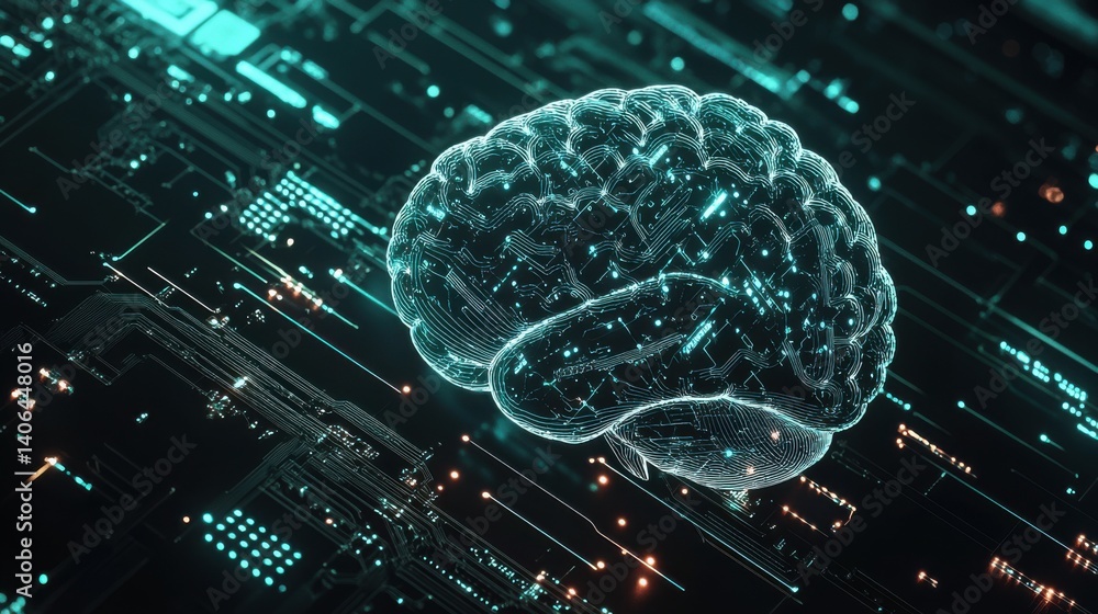 Poster a digital rendering of a human brain surrounded by circuit patterns, symbolizing the intersection of