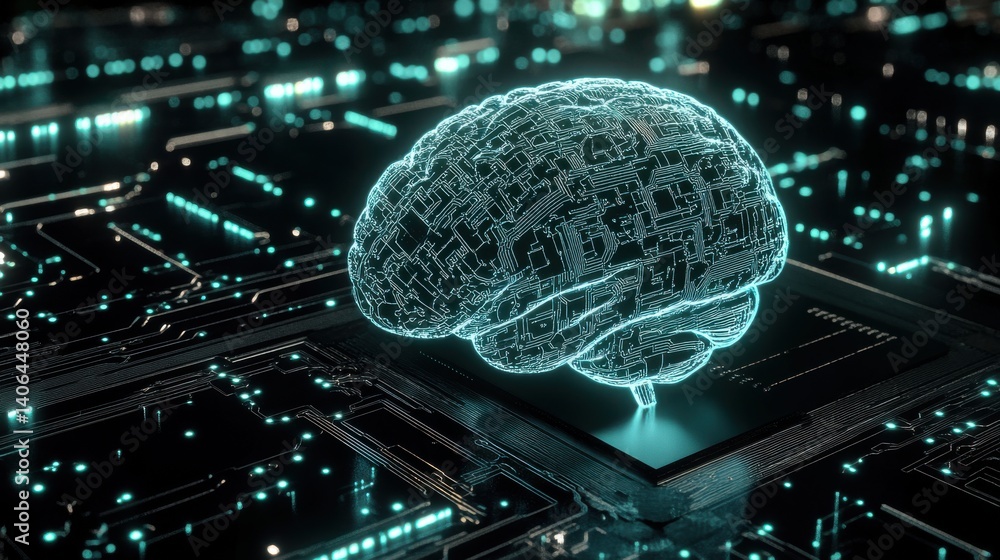 Aufkleber a futuristic digital brain concept on a circuit board, representing advanced technology and artifici