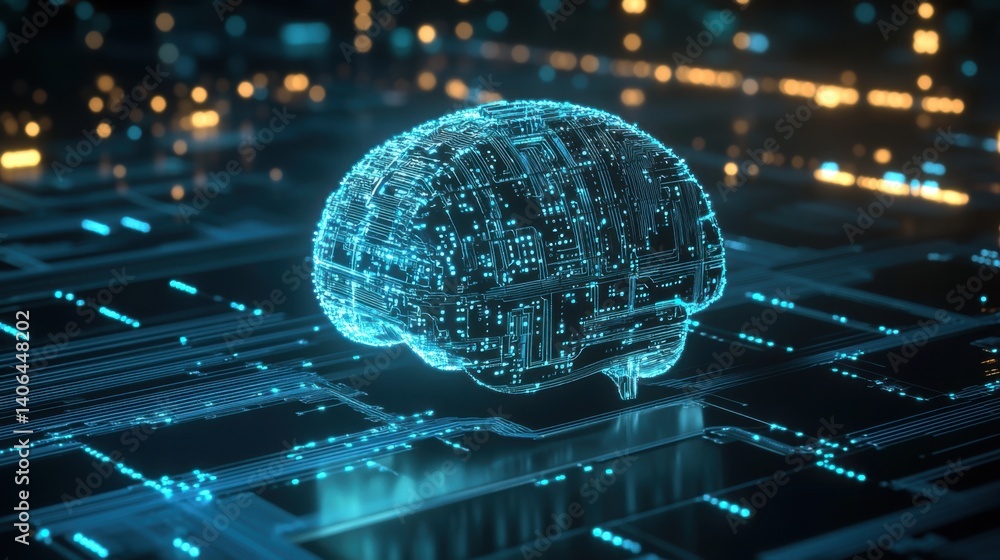 Poster a digital representation of a brain, illuminated in blue, showcasing intricate circuits and connecti