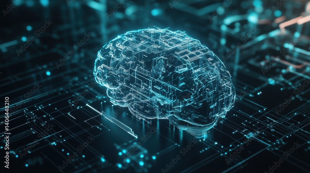 Poster a digital representation of a brain illuminated in blue, surrounded by circuit-like patterns, symbol