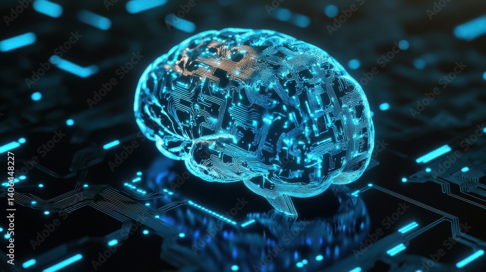 Aufkleber a digital brain made of circuit patterns, glowing in blue, symbolizing the intersection of technolog