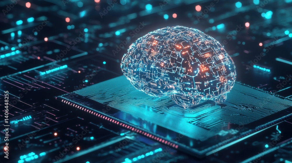 Poster a digital brain representation on a microchip, showcasing advanced technology and neural network con
