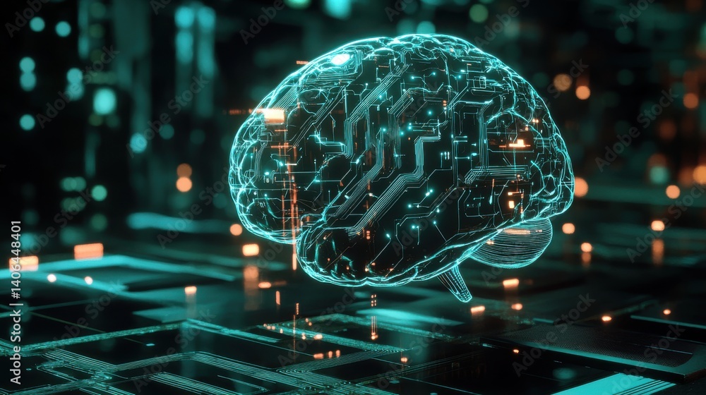 Poster a digital rendering of a brain with circuitry, symbolizing artificial intelligence and technology in