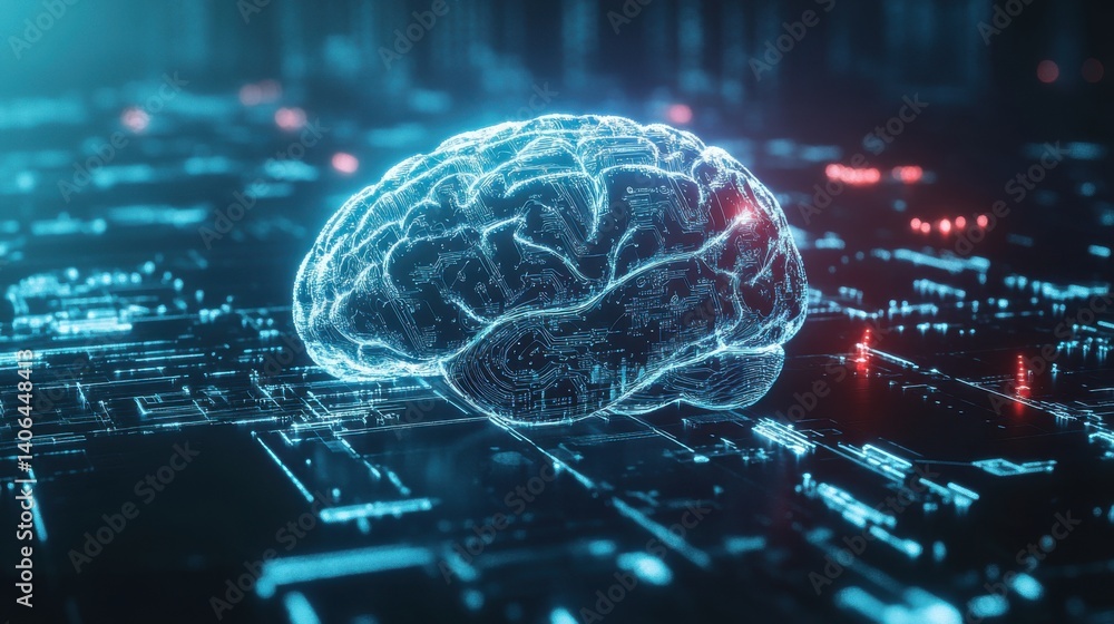 Poster a digital brain representation on a circuit board background, symbolizing artificial intelligence an
