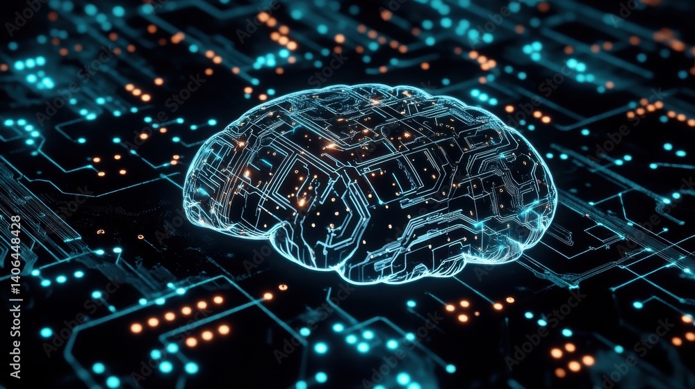 Poster a digital brain is overlaid on a circuit board, representing the intersection of technology and arti
