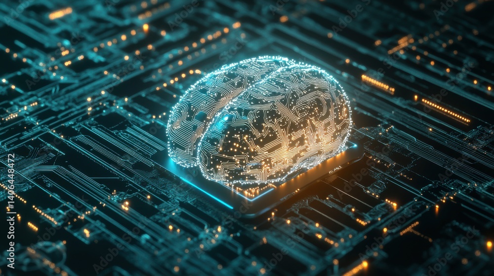 Poster a glowing, digital brain over a circuit board, symbolizing artificial intelligence and advanced tech