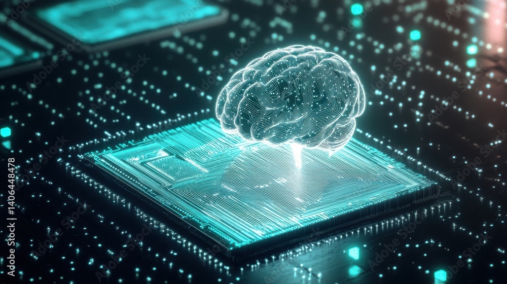 Poster a digital representation of a brain on a microchip, illustrating the intersection of neuroscience an