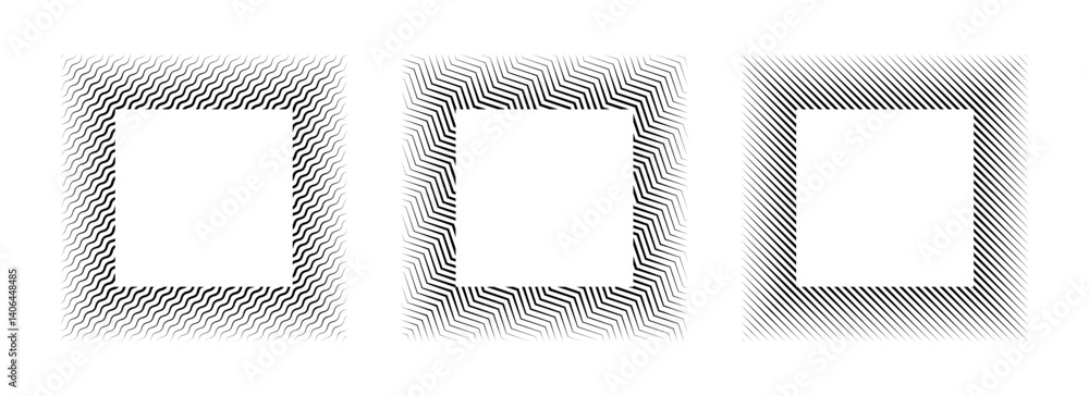 Poster Black linear square frame set. Striped geometric border collection in minimalist style. Thin overlap line picture frame bundle. Vector simple boarder element pack for photo, cadre, poster, card, decor