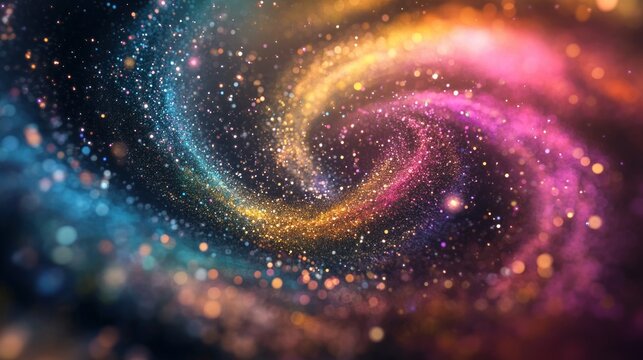Colorful sparkling dust vortex with bokeh effect, abstract background