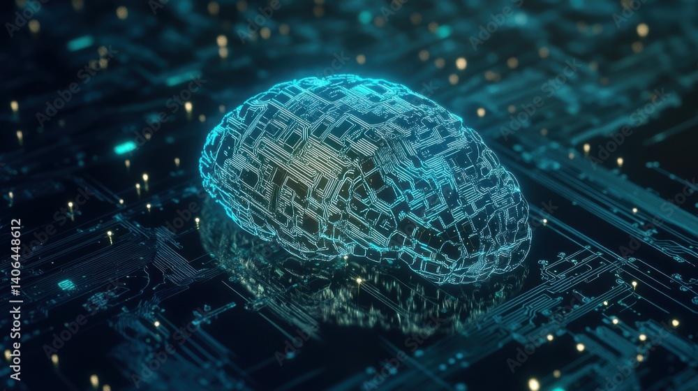 Poster a digital representation of a brain, depicted with glowing circuitry, symbolizing the intersection o