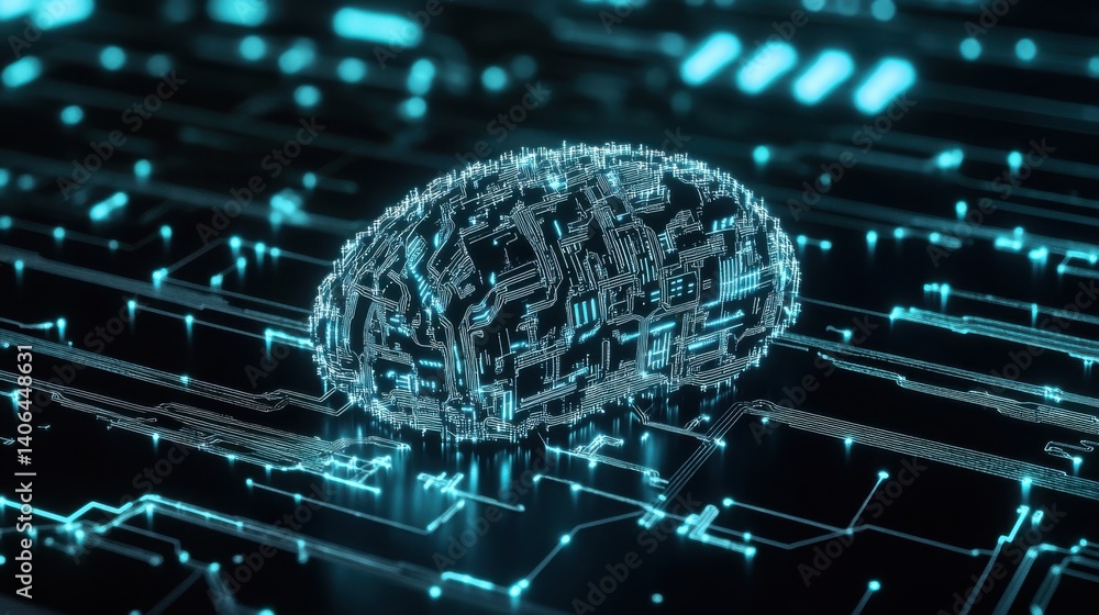 Poster a futuristic digital brain is depicted, surrounded by glowing circuitry, symbolizing the intersectio