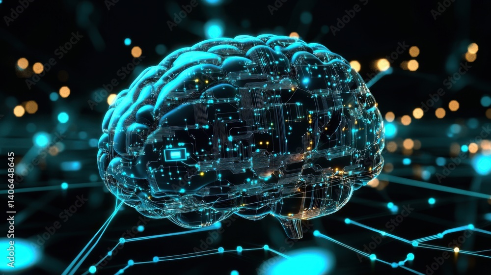 Poster a digital representation of a brain illuminated with circuitry and glowing connections, symbolizing 