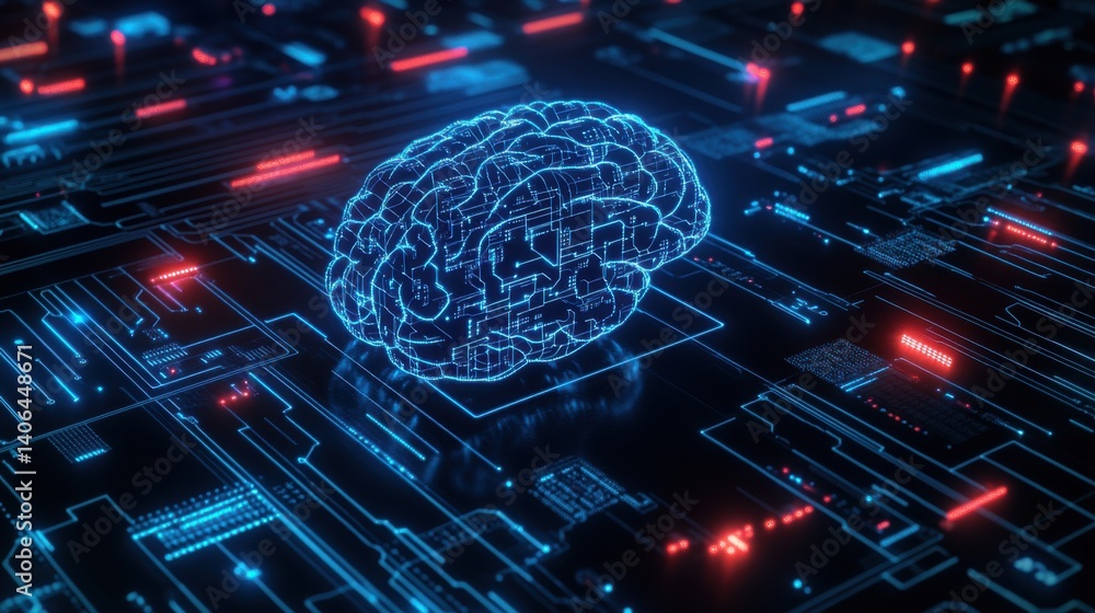 Poster a futuristic brain design surrounded by glowing circuitry, representing the intersection of technolo
