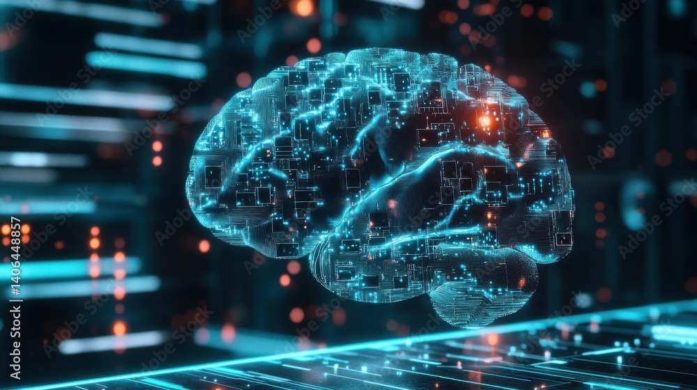 Poster a digital representation of a brain with glowing circuits, symbolizing advanced technology and neura