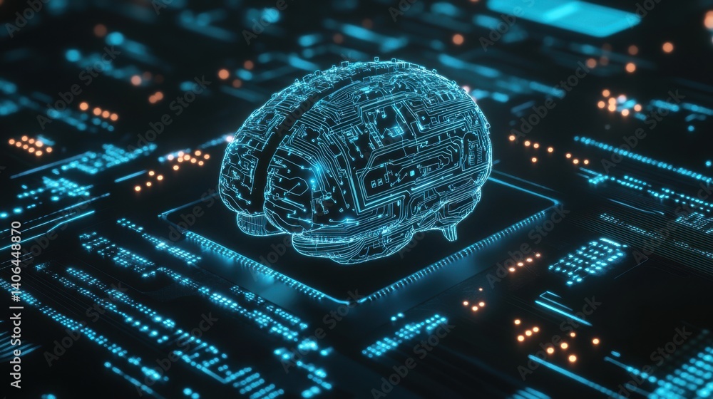 Poster a digital representation of a brain made of circuitry, symbolizing artificial intelligence and techn