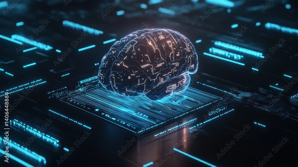 Poster a futuristic digital brain surrounded by glowing circuitry, symbolizing artificial intelligence and 