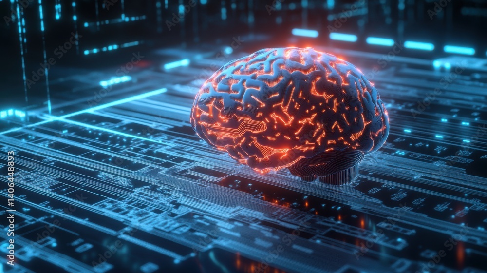 Poster a futuristic digital brain illuminated with intricate patterns, set against a tech-inspired backgrou