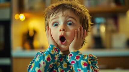 shocked funny, A little boy with a face full of funny surprise, his eyes wide and his mouth gaping, one hand on his cheek as if he can't believe what he sees, Ai generated images