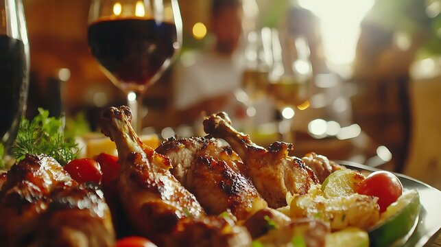 Delicious roasted chicken served at a dinner party with wine, creating a warm and inviting atmosphere among friends and family.