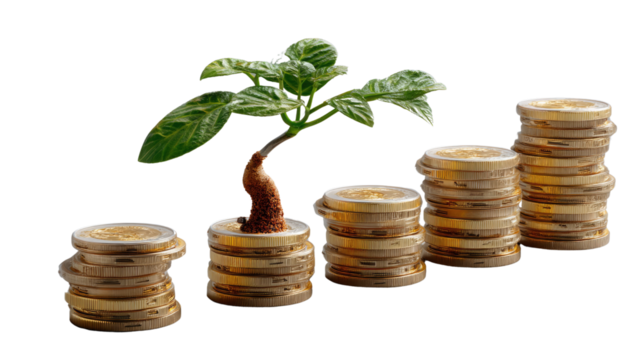Investment Growth: A visual metaphor showcasing a growing plant sprouting from a stack of coins, symbolizing the upward trajectory of investments and financial prosperity. 