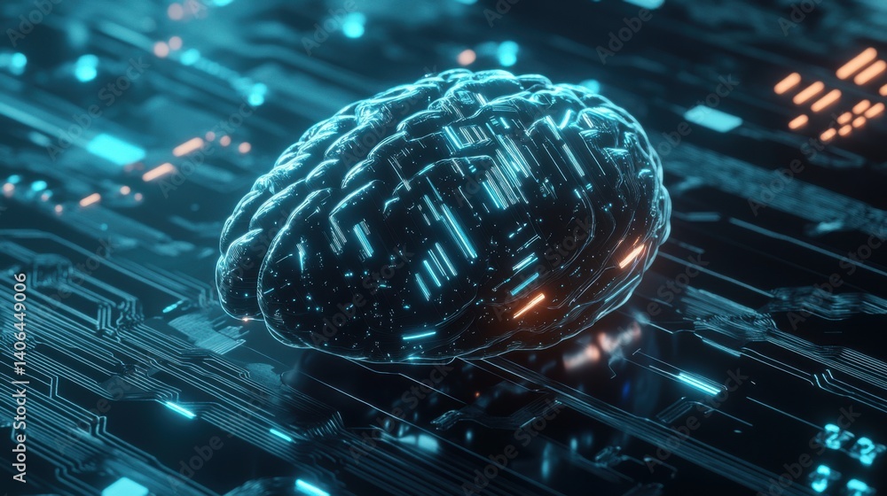 Poster a futuristic digital brain on a circuit board, symbolizing the intersection of technology and neuros