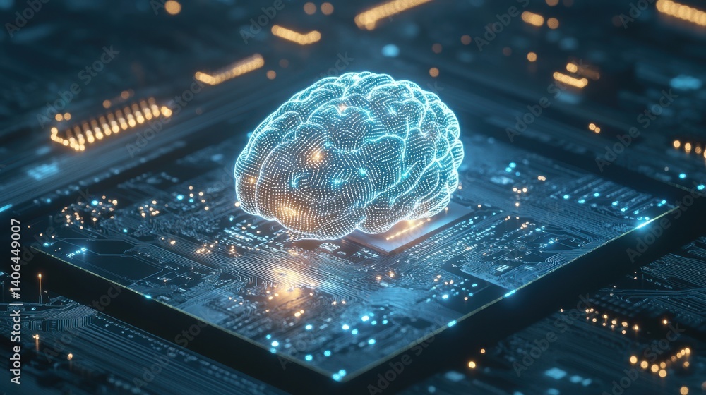Aufkleber a digital brain is depicted above a circuit board, symbolizing the intersection of artificial intell